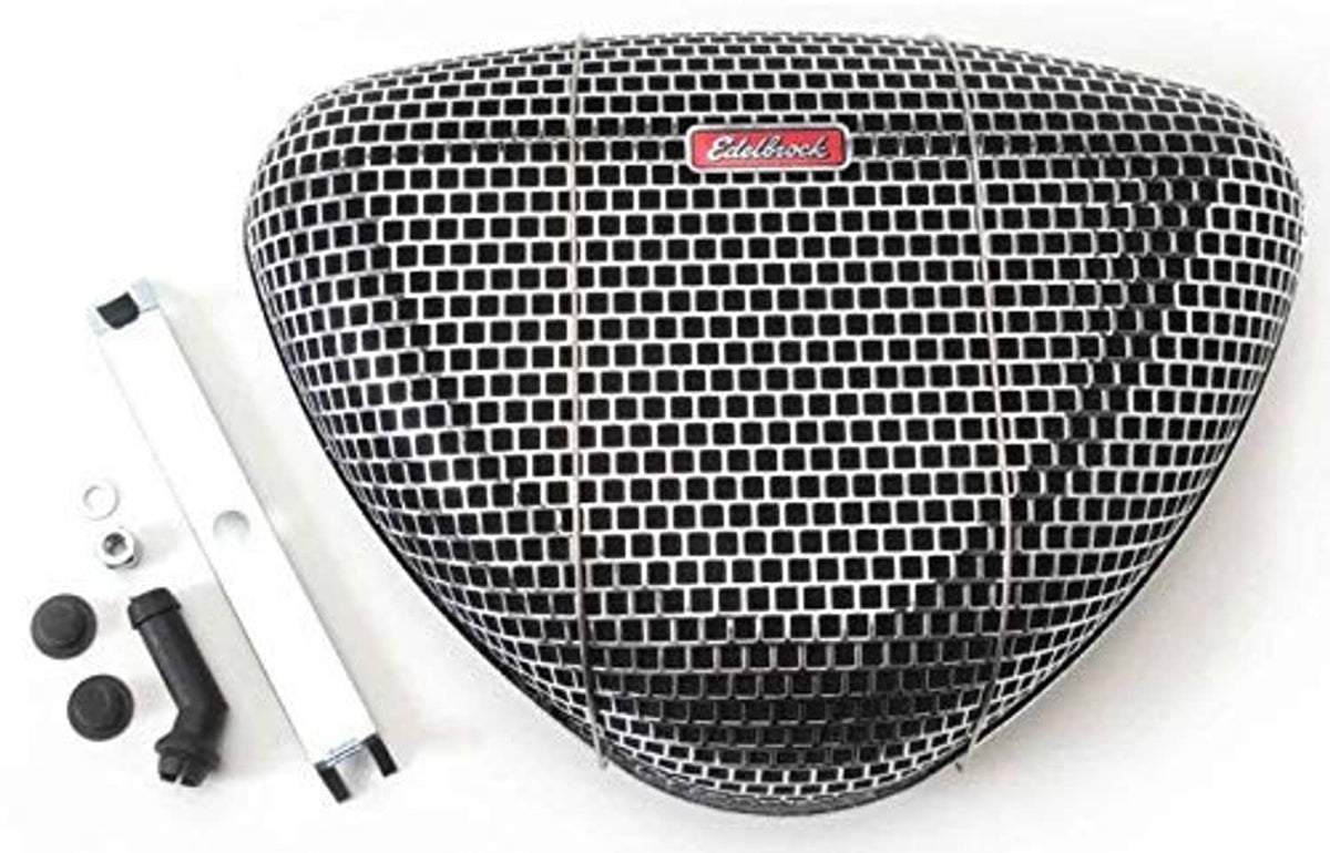 Edelbrock Pro-Flo air cleaner with black mesh dome and red Edelbrock logo badge