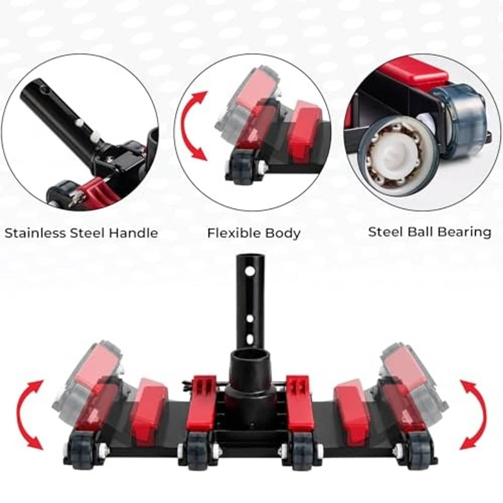 Pool vacuum head with swivel handle, red brush pads and black wheel frame