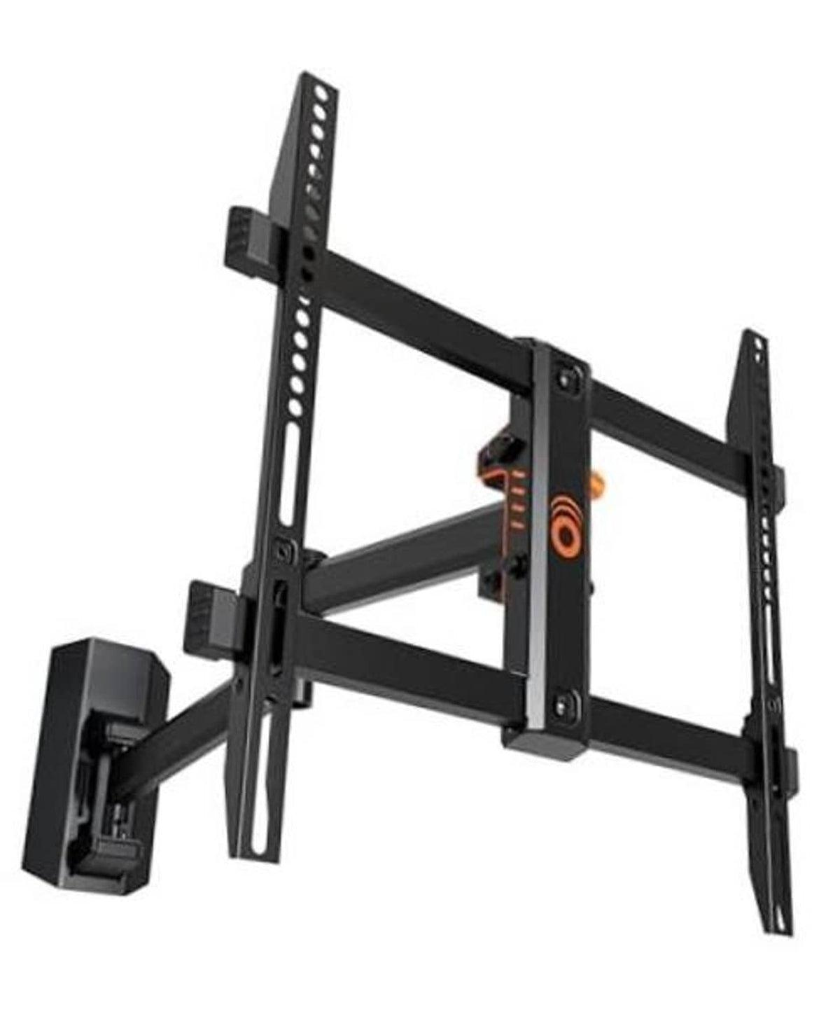 Full motion TV wall mount bracket with black steel arms and lock knobs