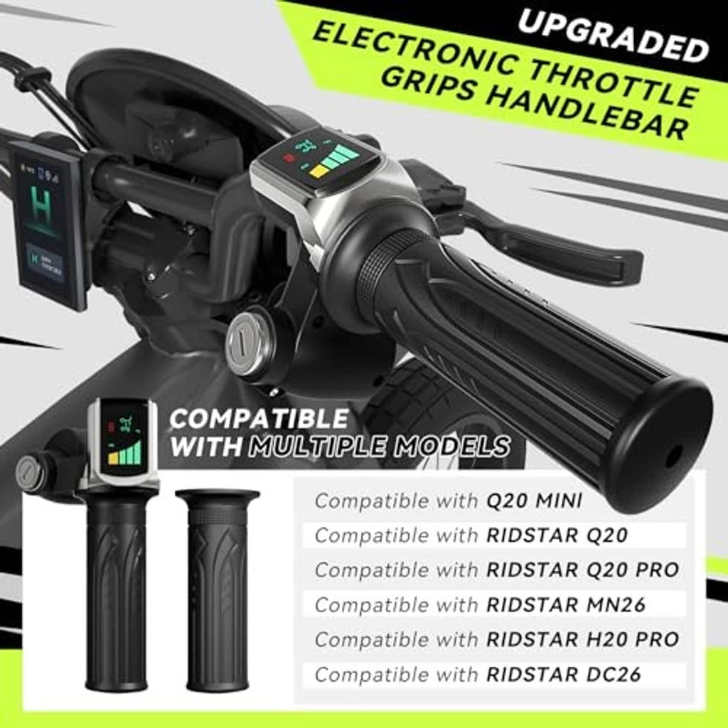 Black electronic throttle grip with LED display and key lock, shown on handlebar