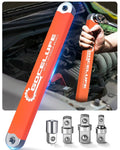 Orange offset extension impact wrench with angled head and included socket adapters.