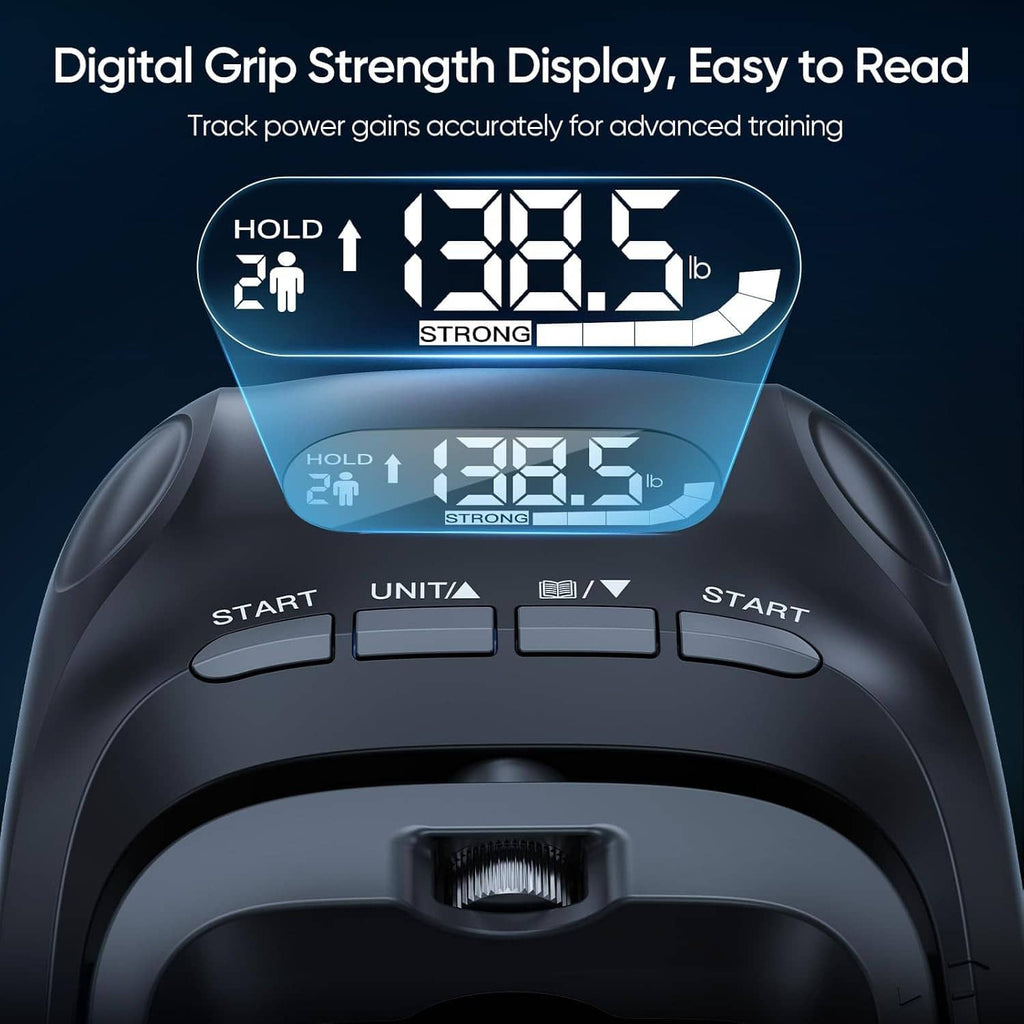 Digital grip strength tester close-up with bright LCD strength display and buttons