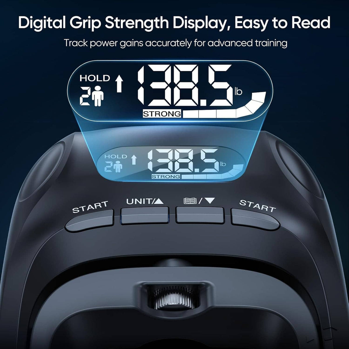 Digital grip strength tester close-up with bright LCD strength display and buttons