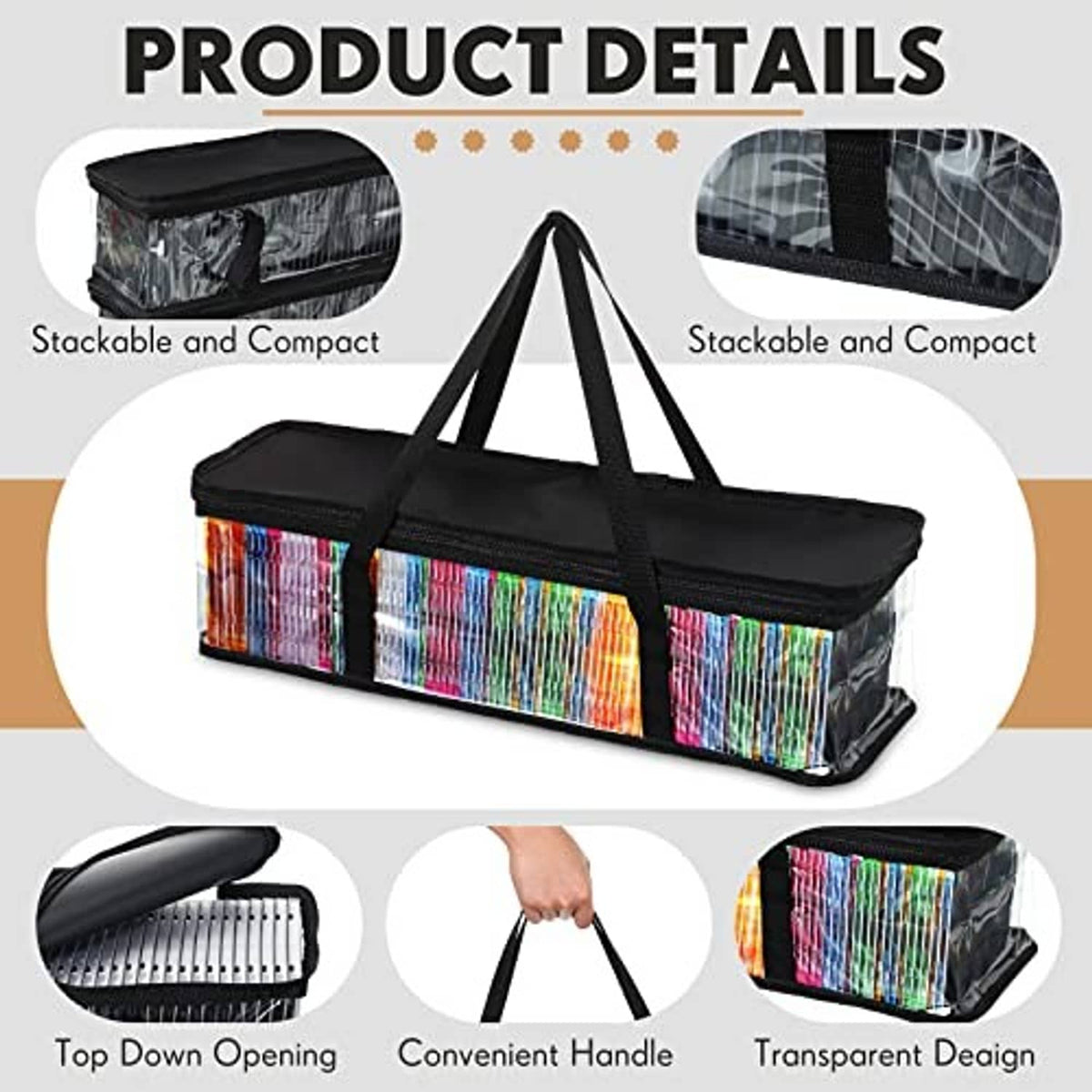 Black CD storage bag with clear top opening, transparent PVC panels, rainbow-striped sides