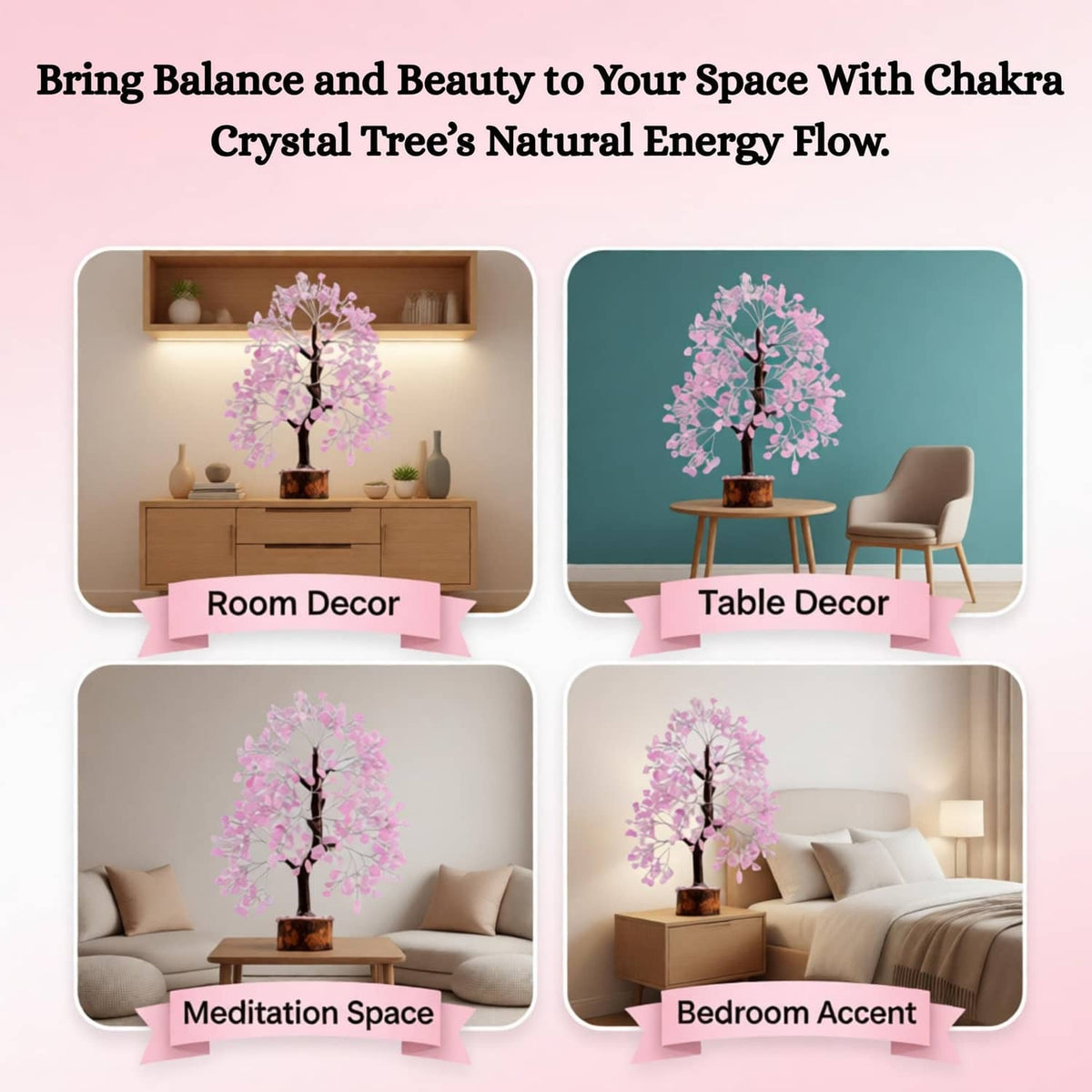 Rose quartz crystal tree with pink crystal branches on dark wood base for home decor