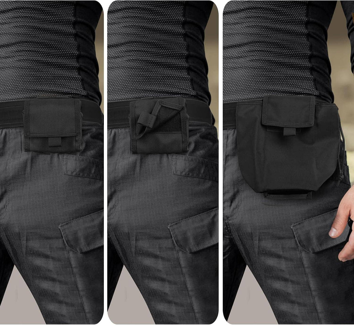 Black MOLLE dump pouch side close-up with front pocket and attachment straps