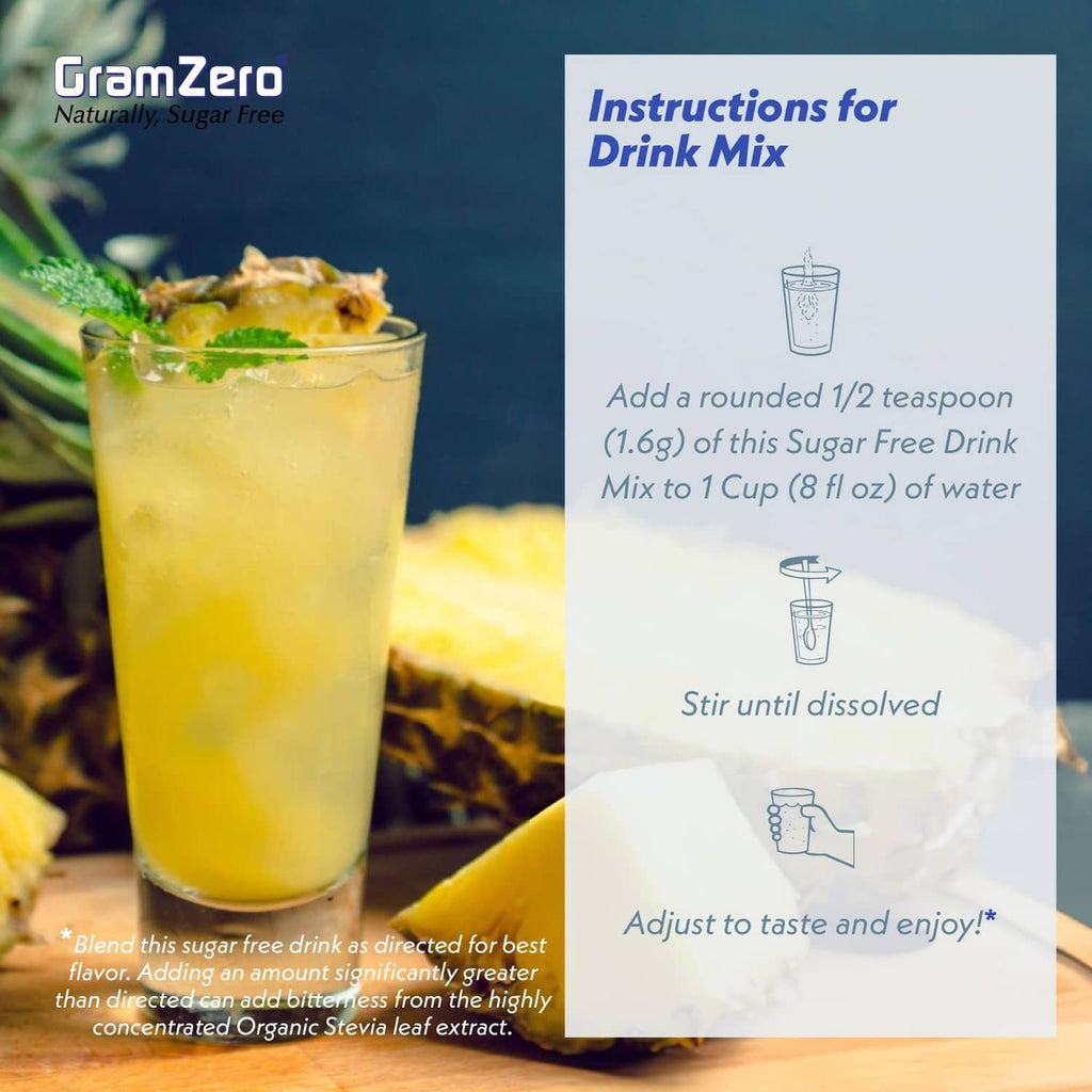 GramZero sugar-free drink mix, yellow pineapple drink with instructions for mixing