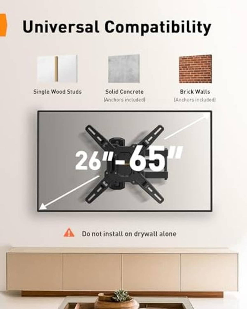Full-motion TV wall mount bracket for 26–65 in TVs, with wall plate and arms
