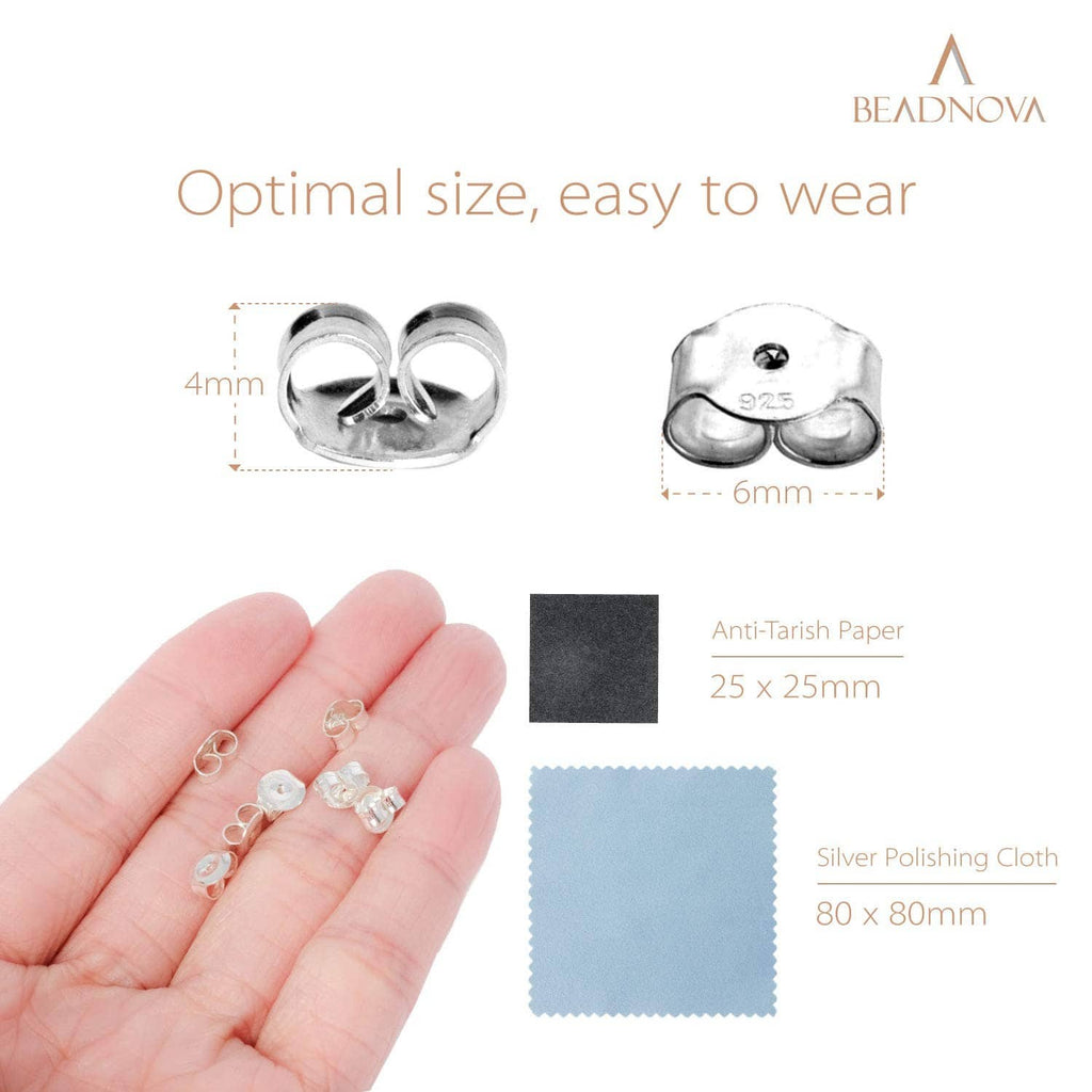 925 sterling silver earring backs with size diagram; includes polishing cloth.