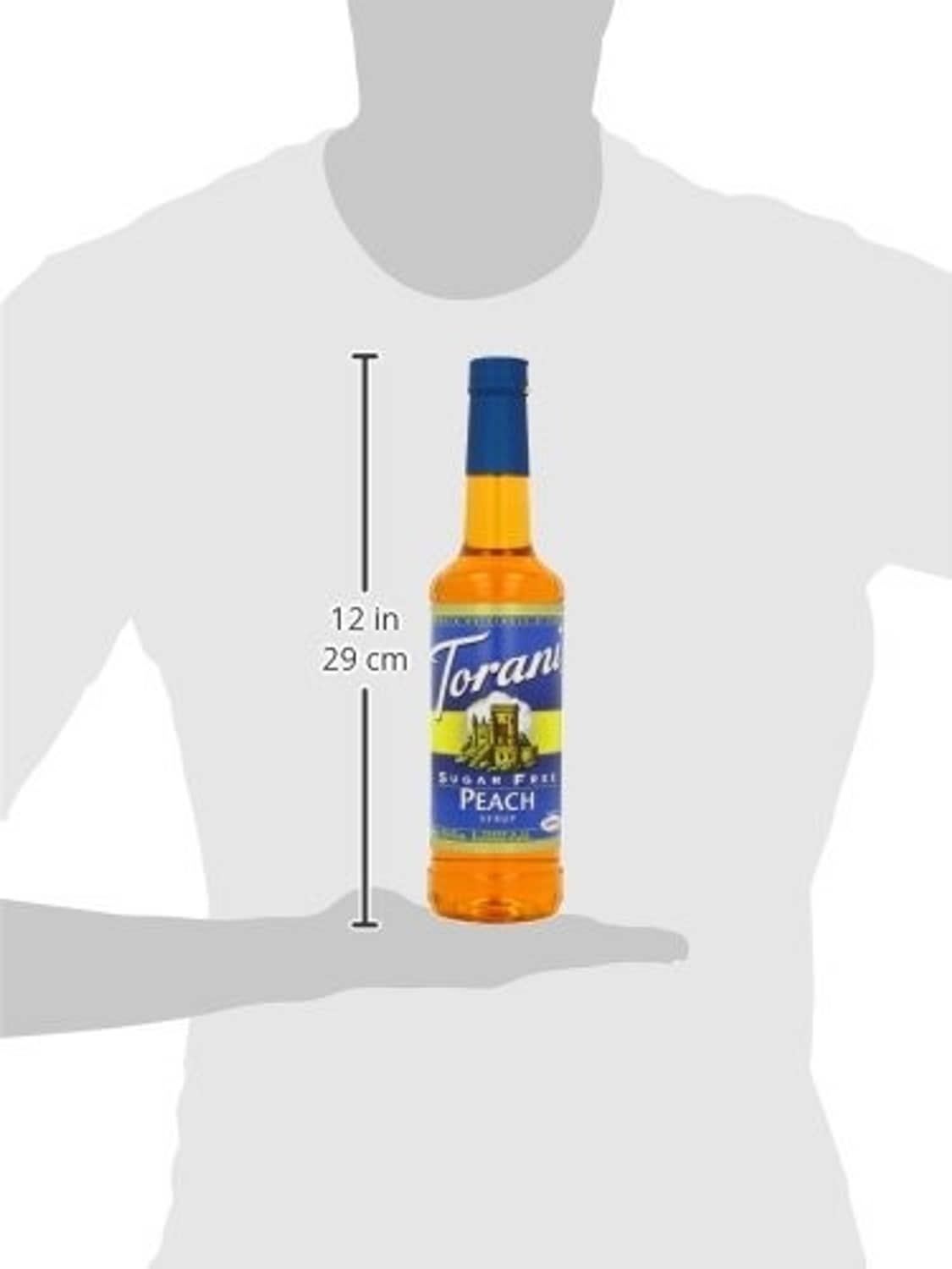 Sugar-free peach syrup bottle shown with height measurement of 12 in
