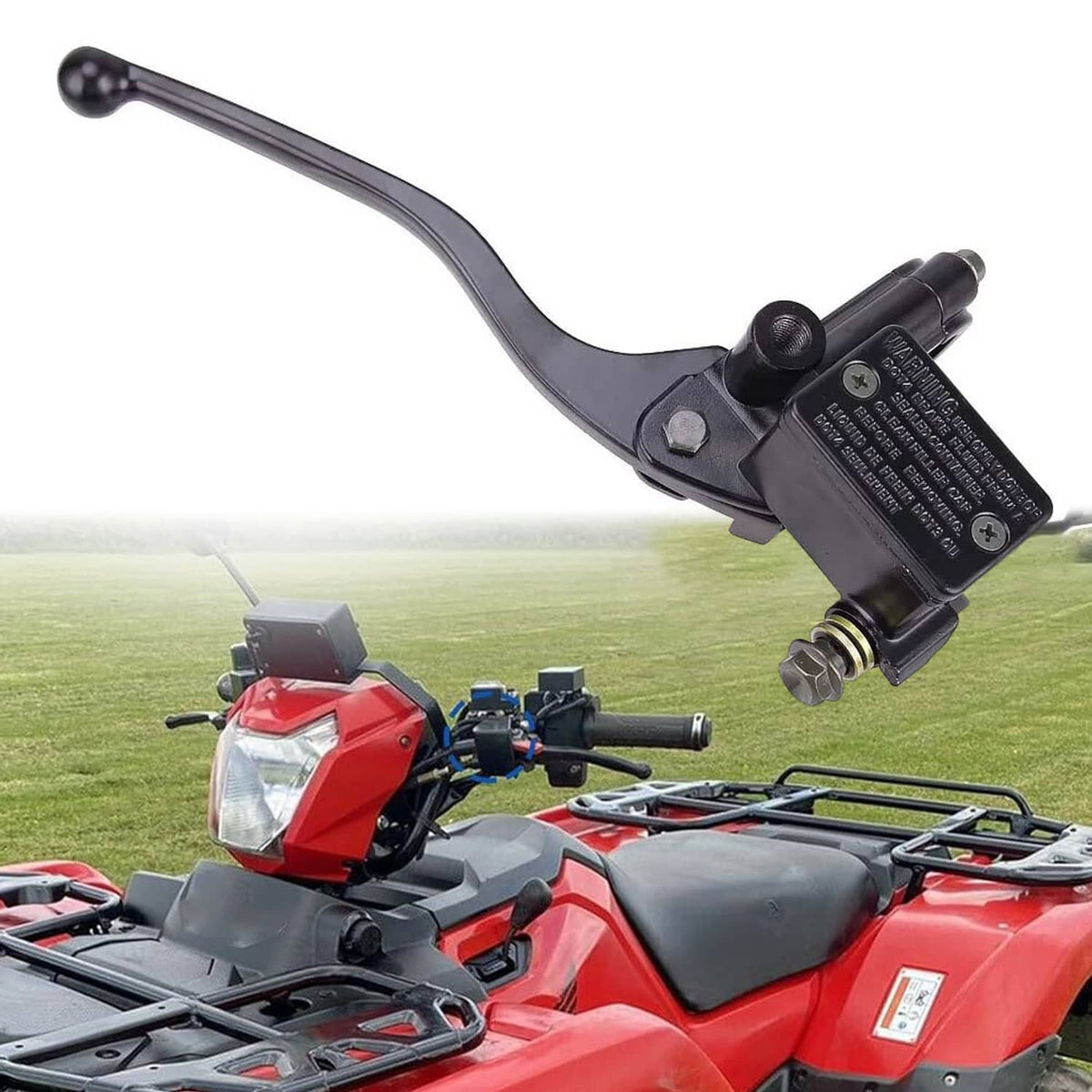 Black brake master cylinder with long lever and rectangular reservoir housing