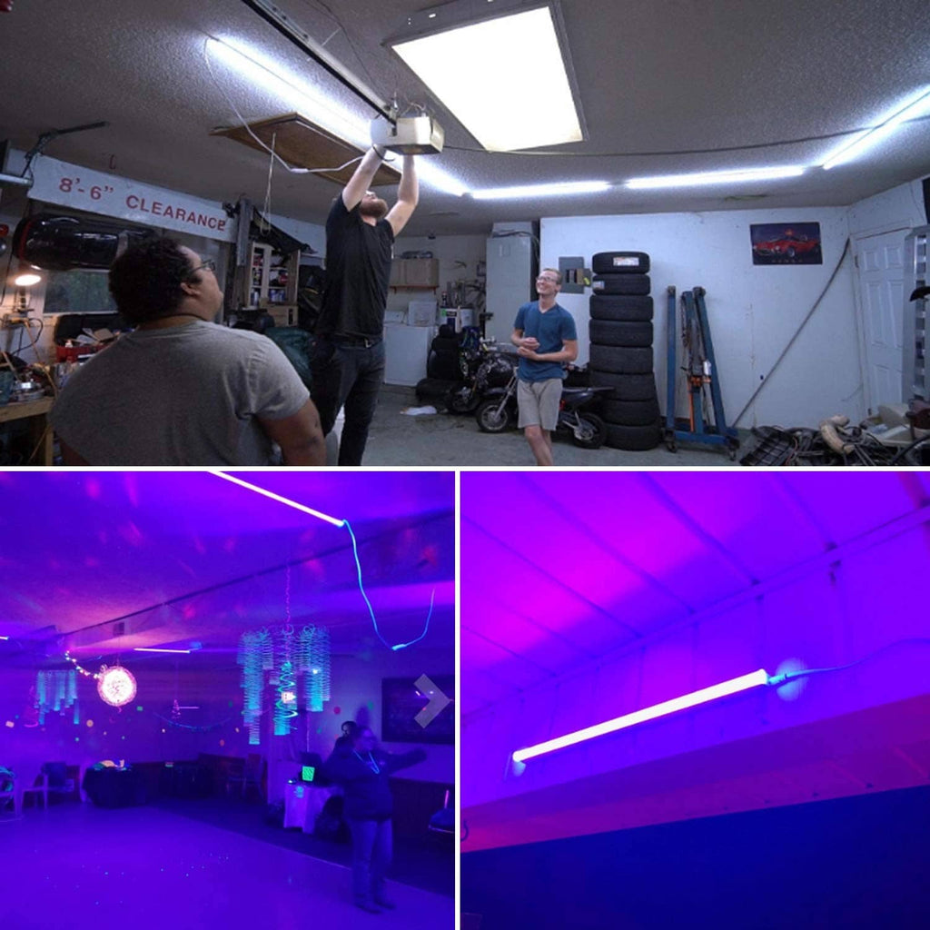 LED tube lighting setup with extension cable connecting tube ends