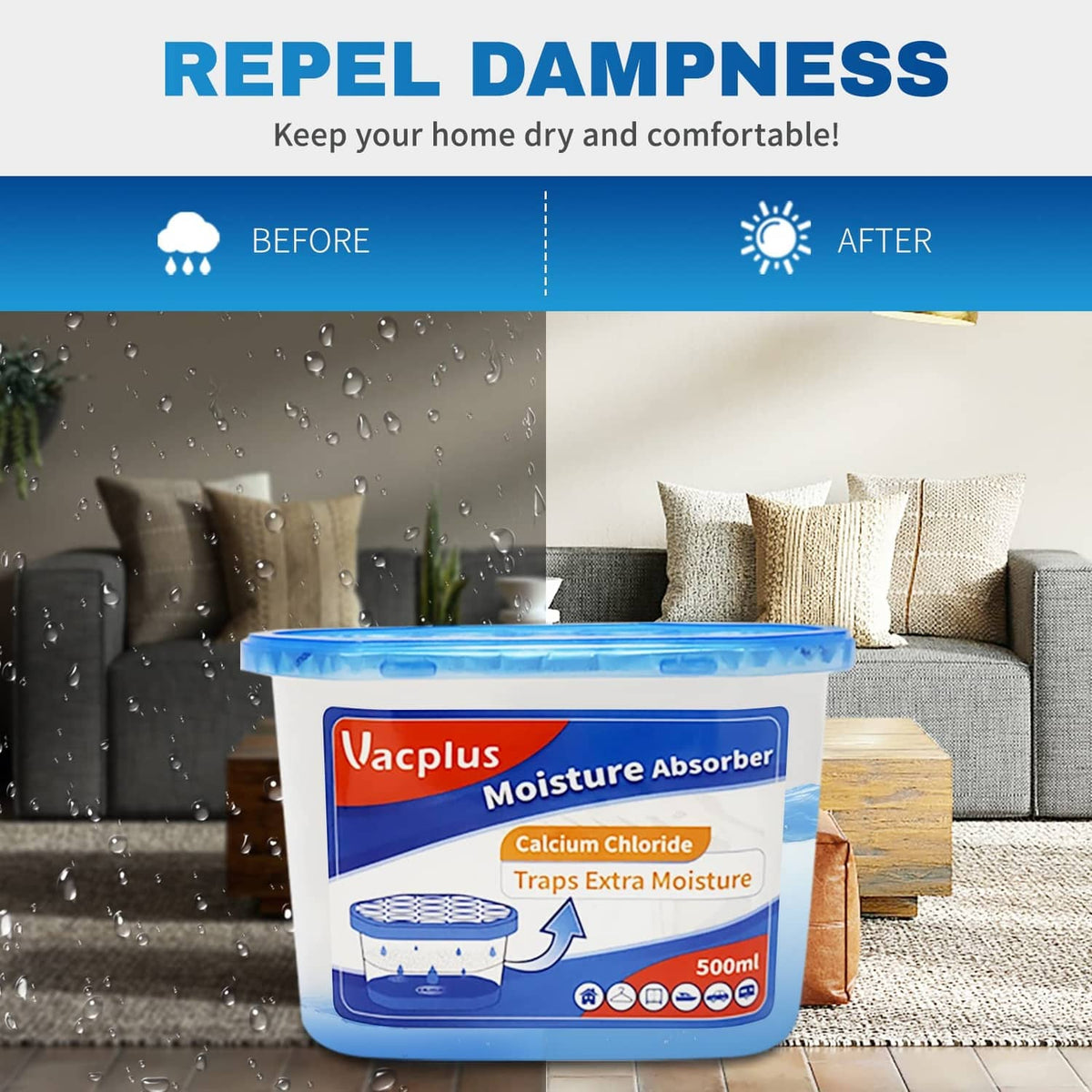 Vacplus moisture absorber tub with blue lid; calcium chloride traps extra moisture, 500ml.