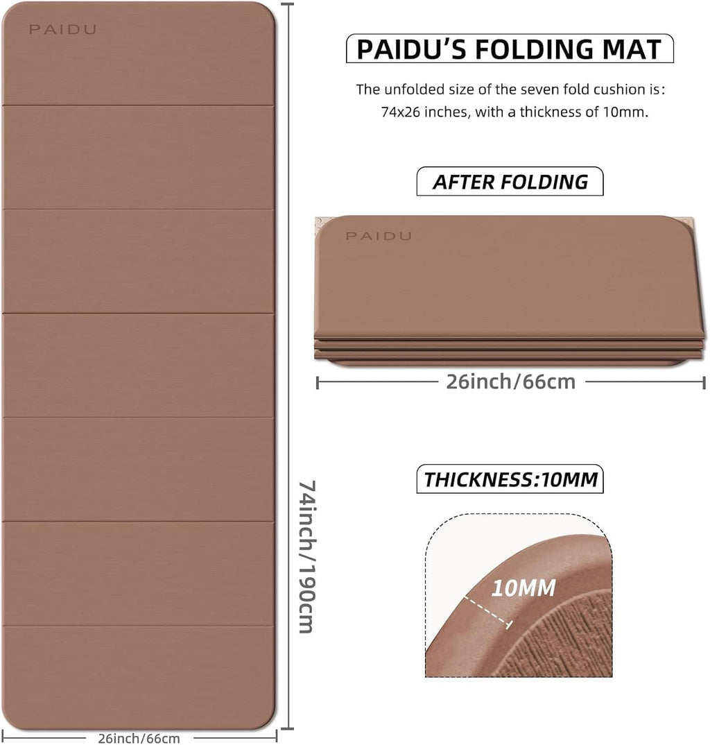 Foldable yoga mat dimensions and thickness label, taupe/brown surface