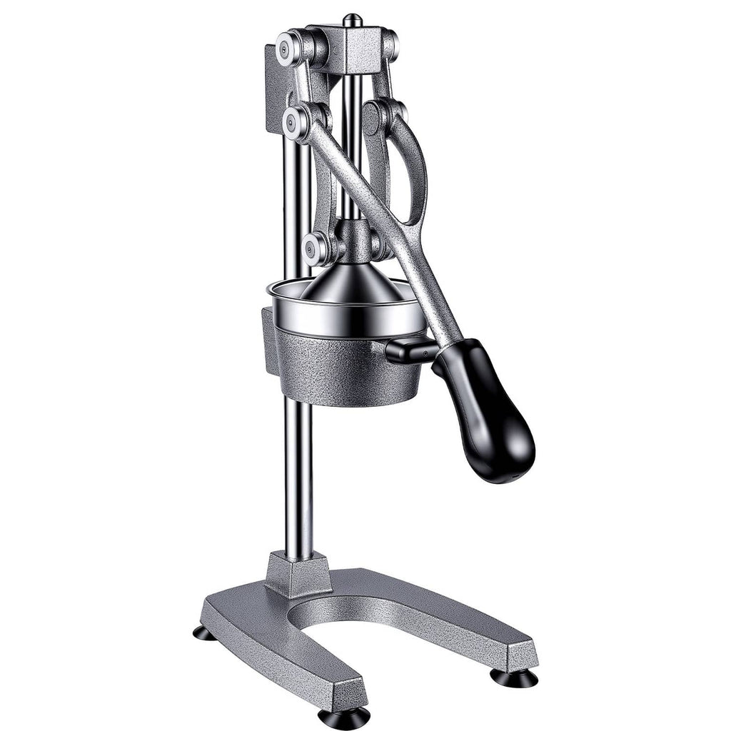 Manual citrus juicer angled view with press lever and wide base, silver-gray finish
