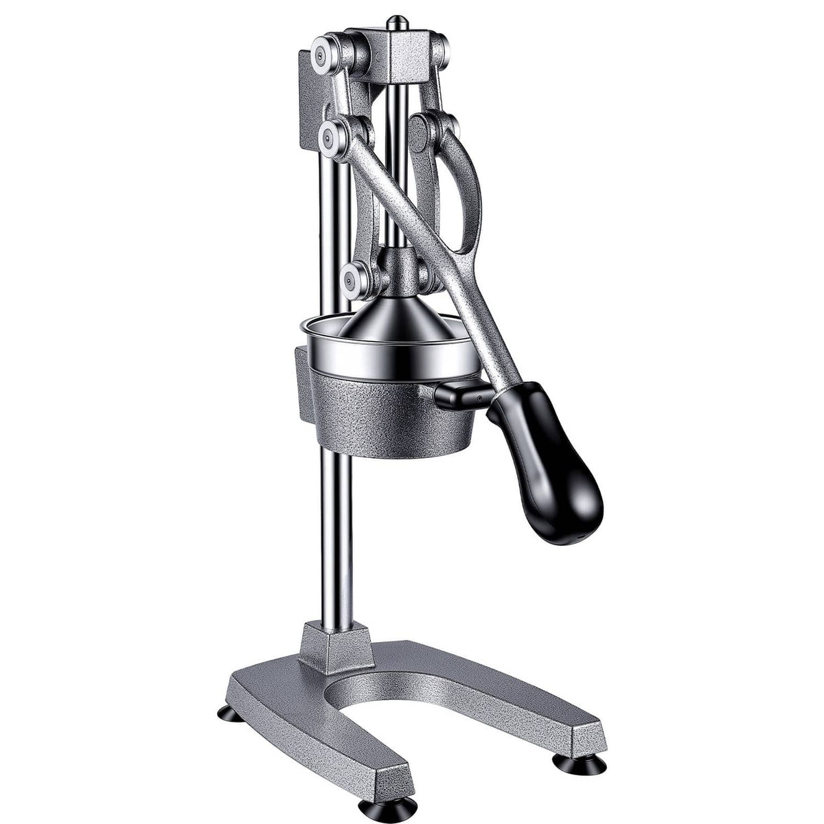 Manual citrus juicer angled view with press lever and wide base, silver-gray finish