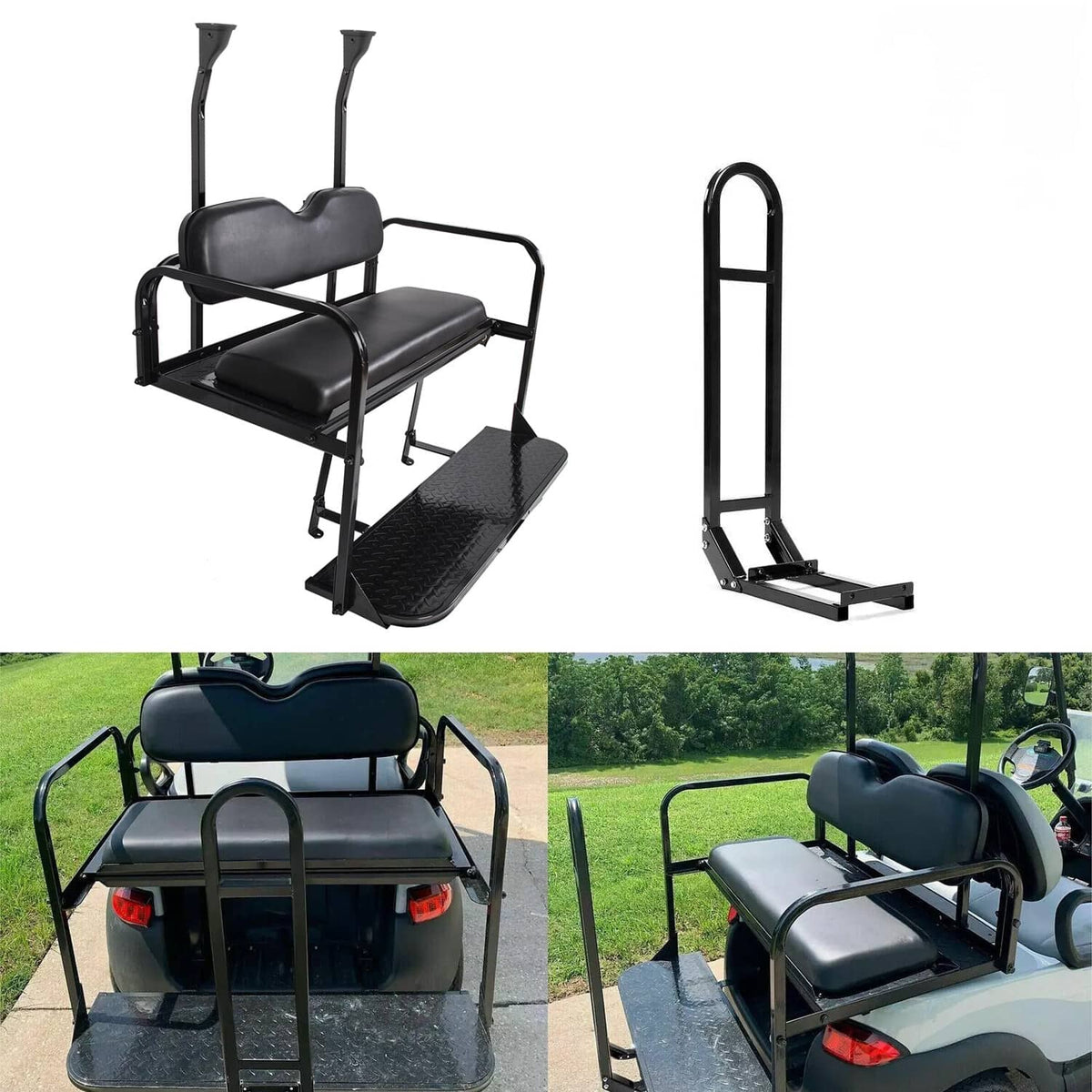 Black rear flip seat kit with grab bar, backrests, and textured step platform