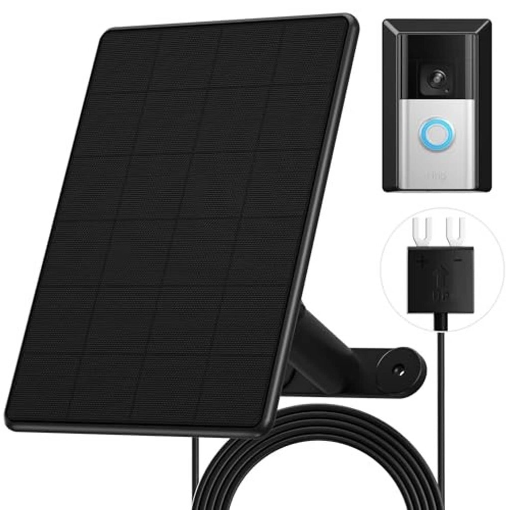 Black solar panel with bracket mount and charging cable for doorbell charger