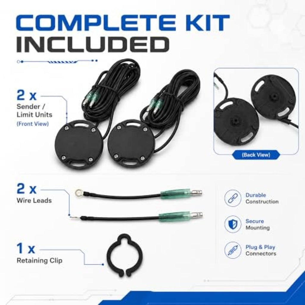 Complete kit parts: two black senders with wires, two green lead cables, retaining clip