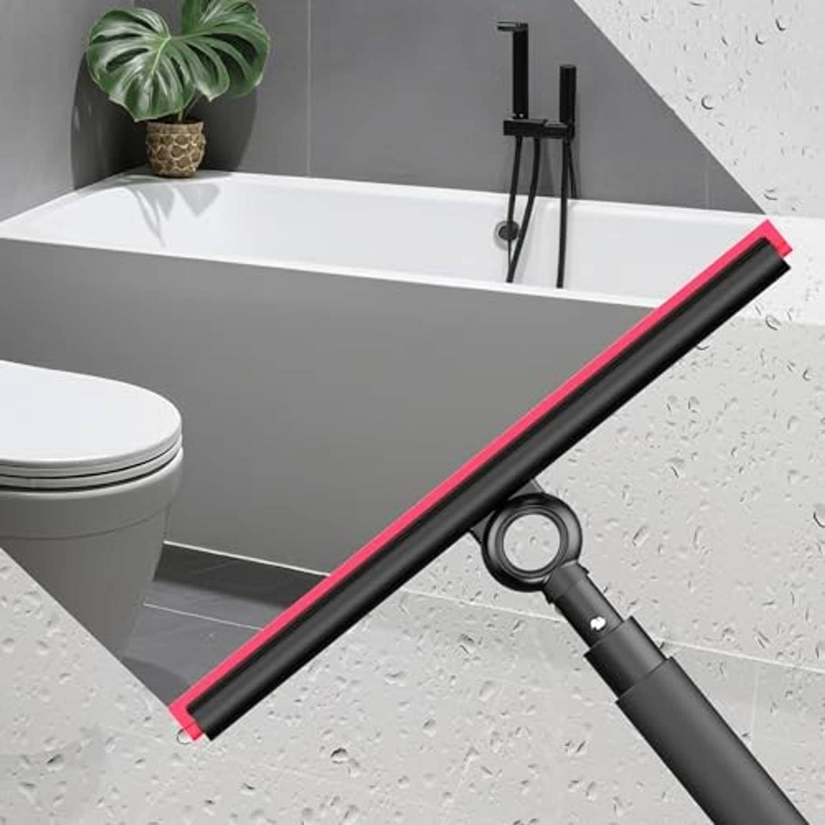 Shower glass squeegee with black handle and red-edged blade used on bathtub door