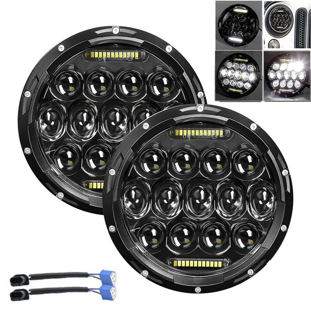 Pair of 7-inch round LED headlights with black housing, halo LED strips and multiple bulbs