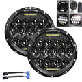 Pair of 7-inch round LED headlights with black housing, halo LED strips and multiple bulbs