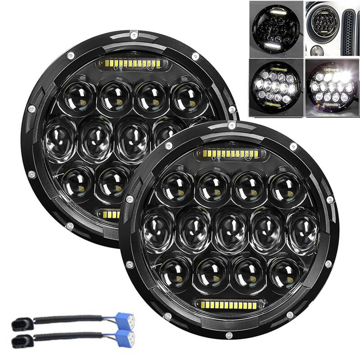 Pair of 7-inch round LED headlights with black housing, halo LED strips and multiple bulbs
