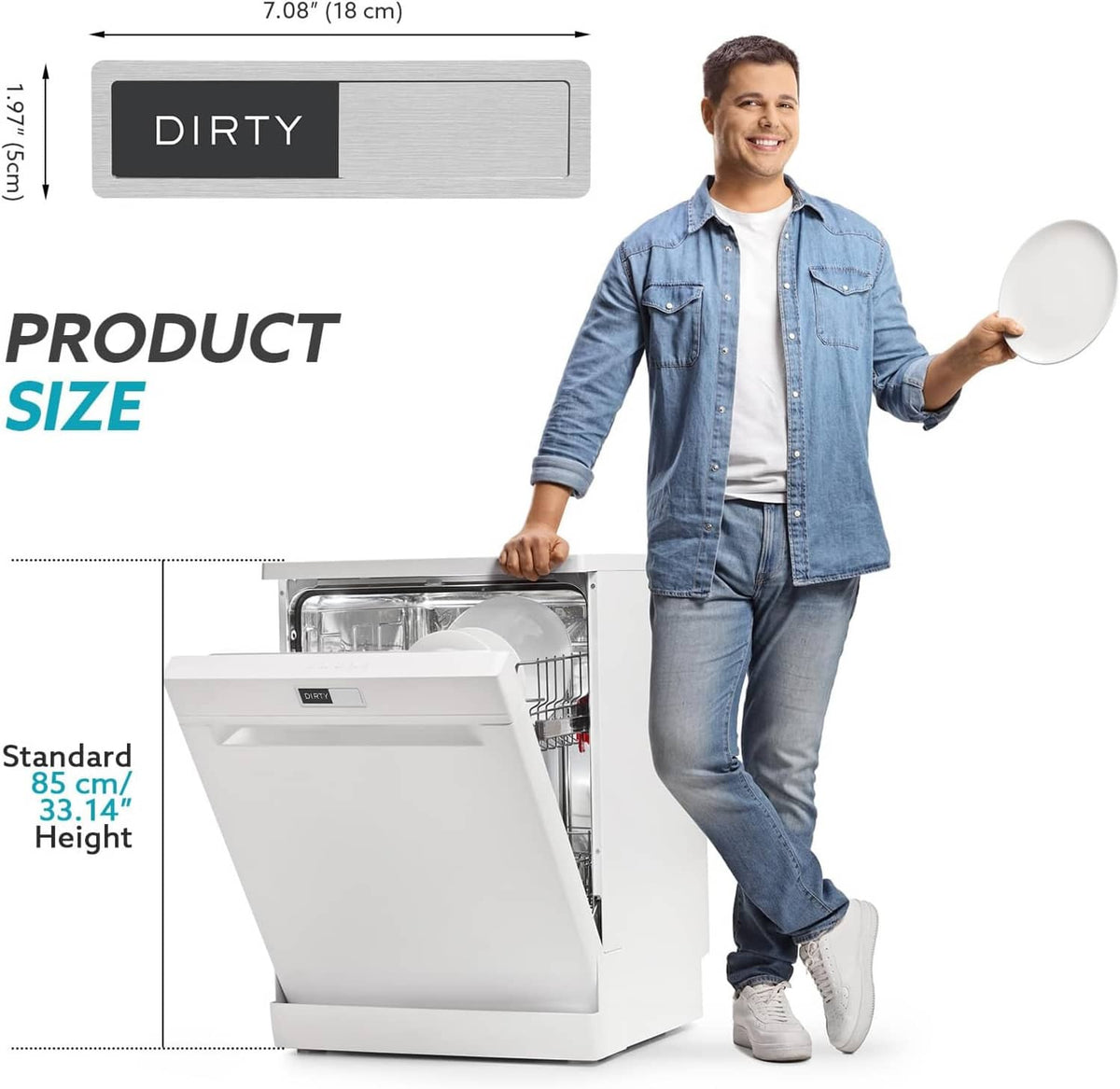 Dishwasher clean-dirty magnet sign showing “DIRTY” with grey brushed-metal frame
