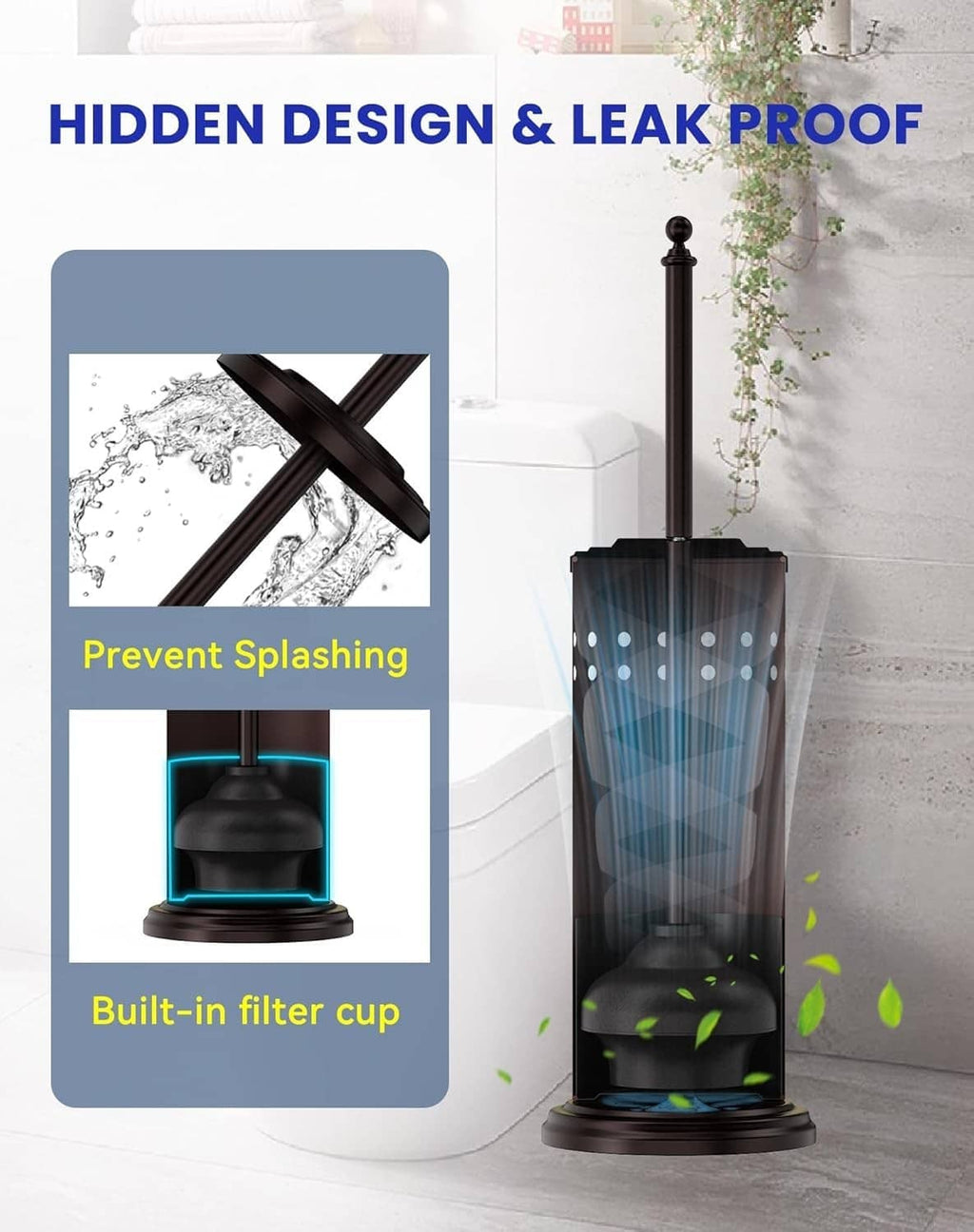Bronze toilet plunger canister with holder designed to prevent splashing