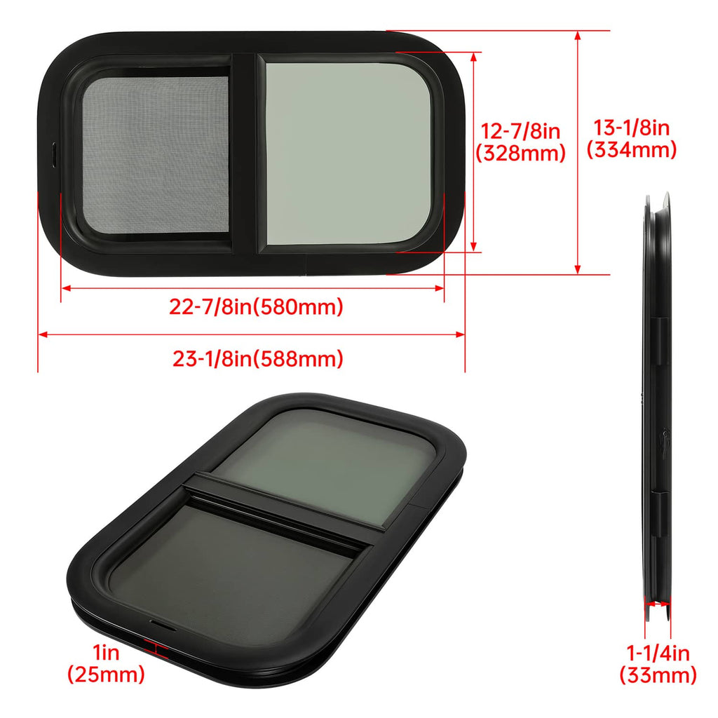 Tinted RV glass window with black frame, tinted glass panel and hinged mounting hardware