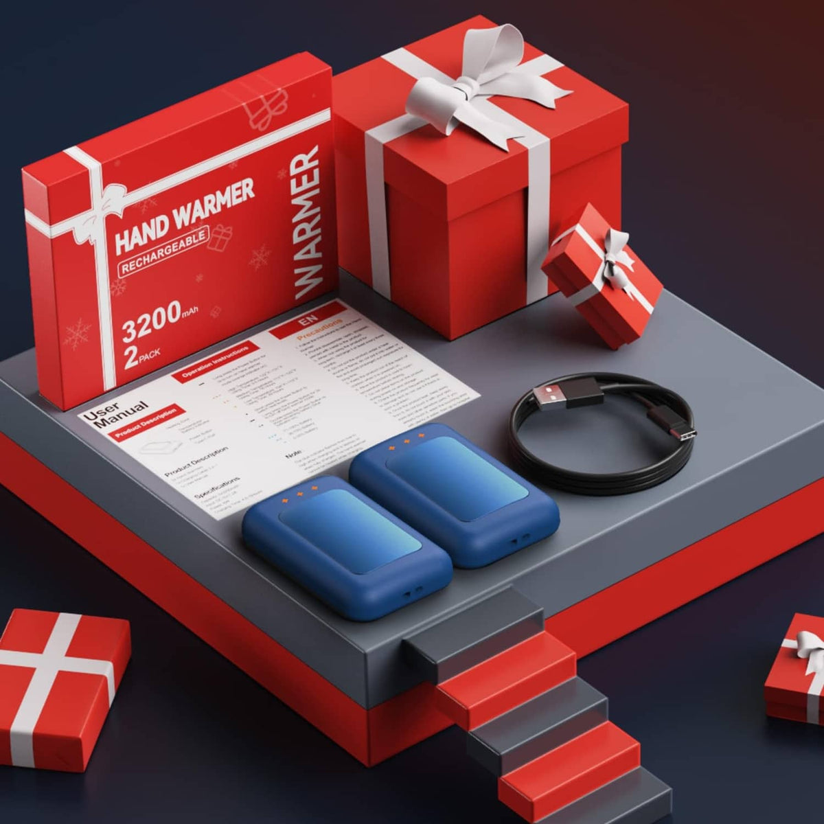 2-pack rechargeable hand warmer set with two navy units, charging cable, and box packaging.