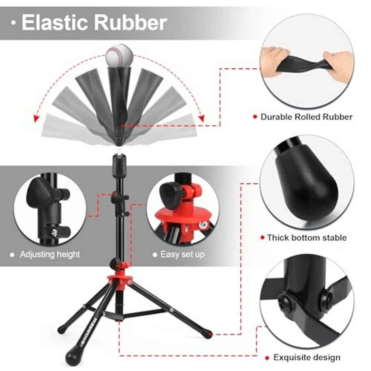 Black baseball tee stand with elastic rubber ball holder and adjustable height post