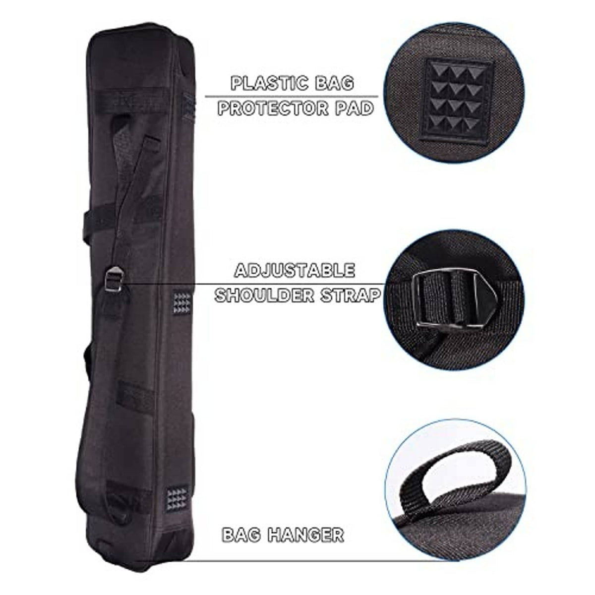 Black pool cue bag with padded protector, adjustable shoulder strap, and bag hanger