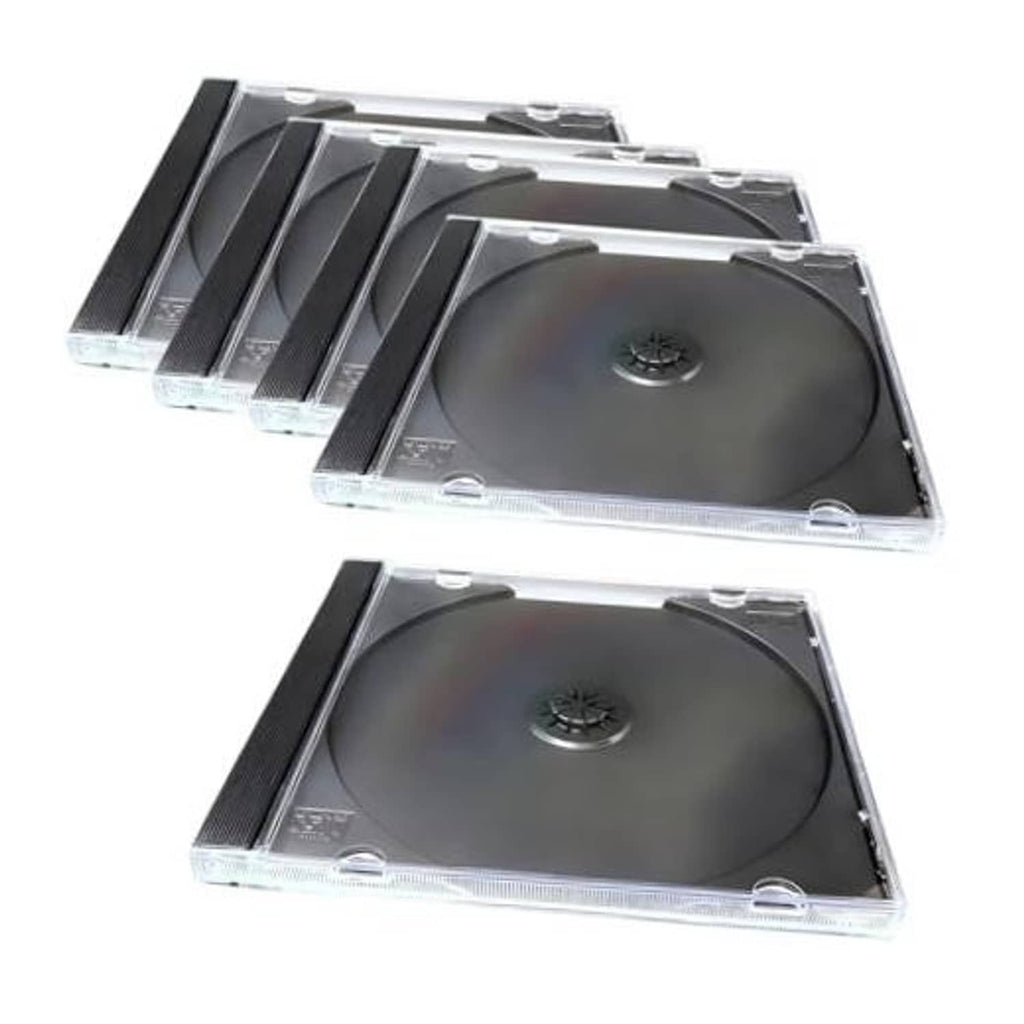 Clear single-disc CD jewel case set with dark disc, hinged protective tray view