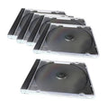 Clear single-disc CD jewel case set with dark disc, hinged protective tray view