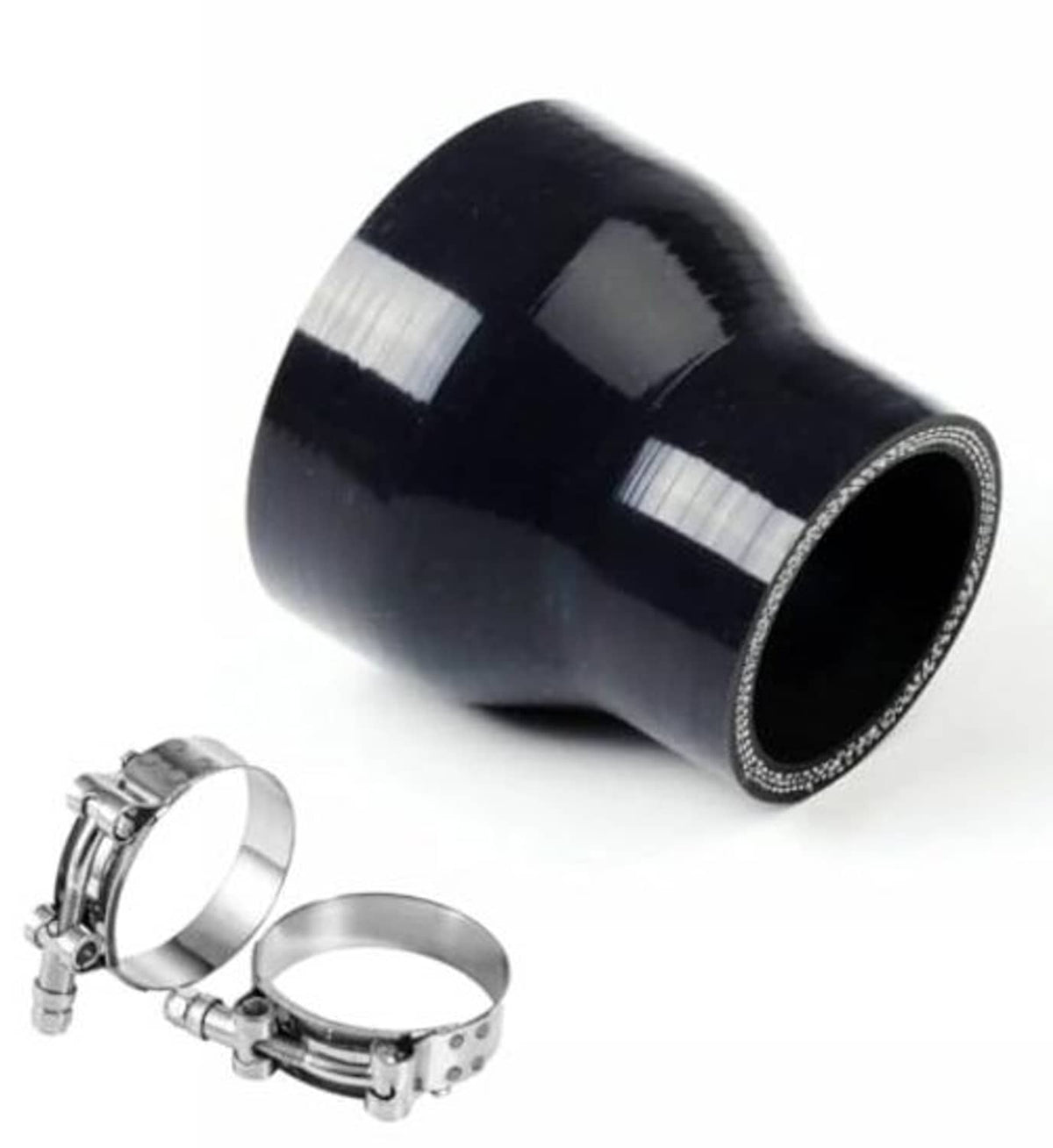 Black silicone reducer coupler hose with two silver metal hose clamps attached