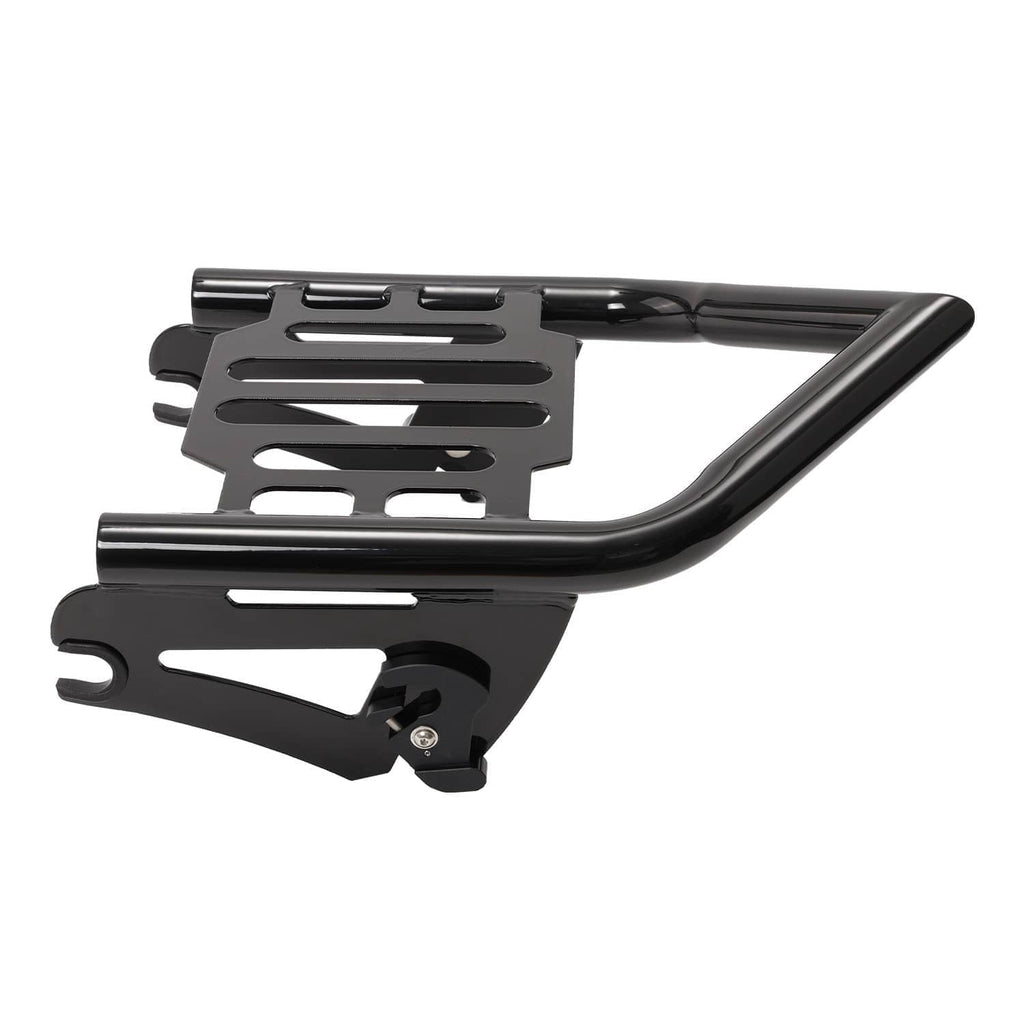 Black detachable luggage rack with curved support bars and slotted deck