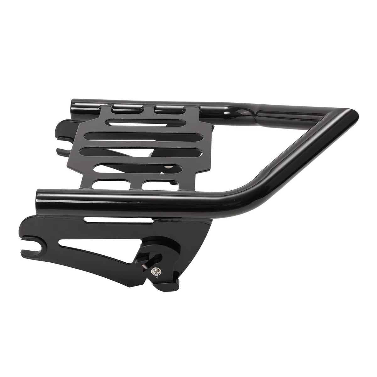 Black detachable luggage rack with curved support bars and slotted deck