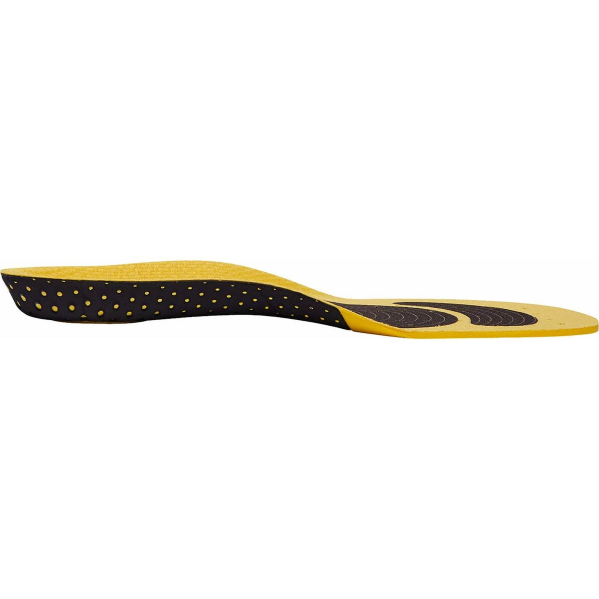 Side view of yellow and black replacement insole with molded arch shape