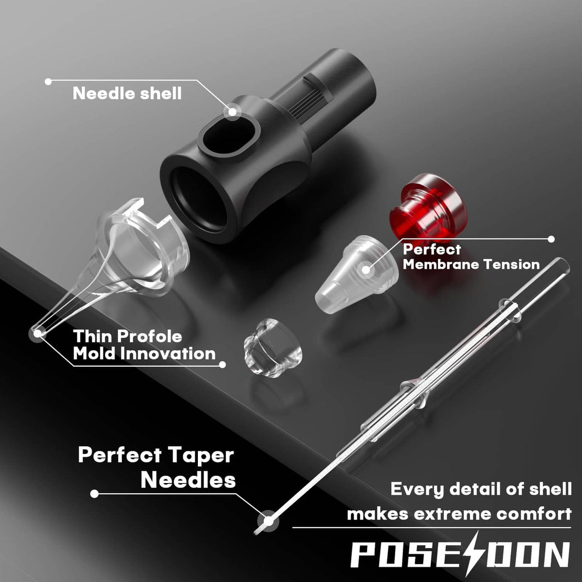Tattoo needle cartridge components with black shells, clear needle tubes, and needle tip