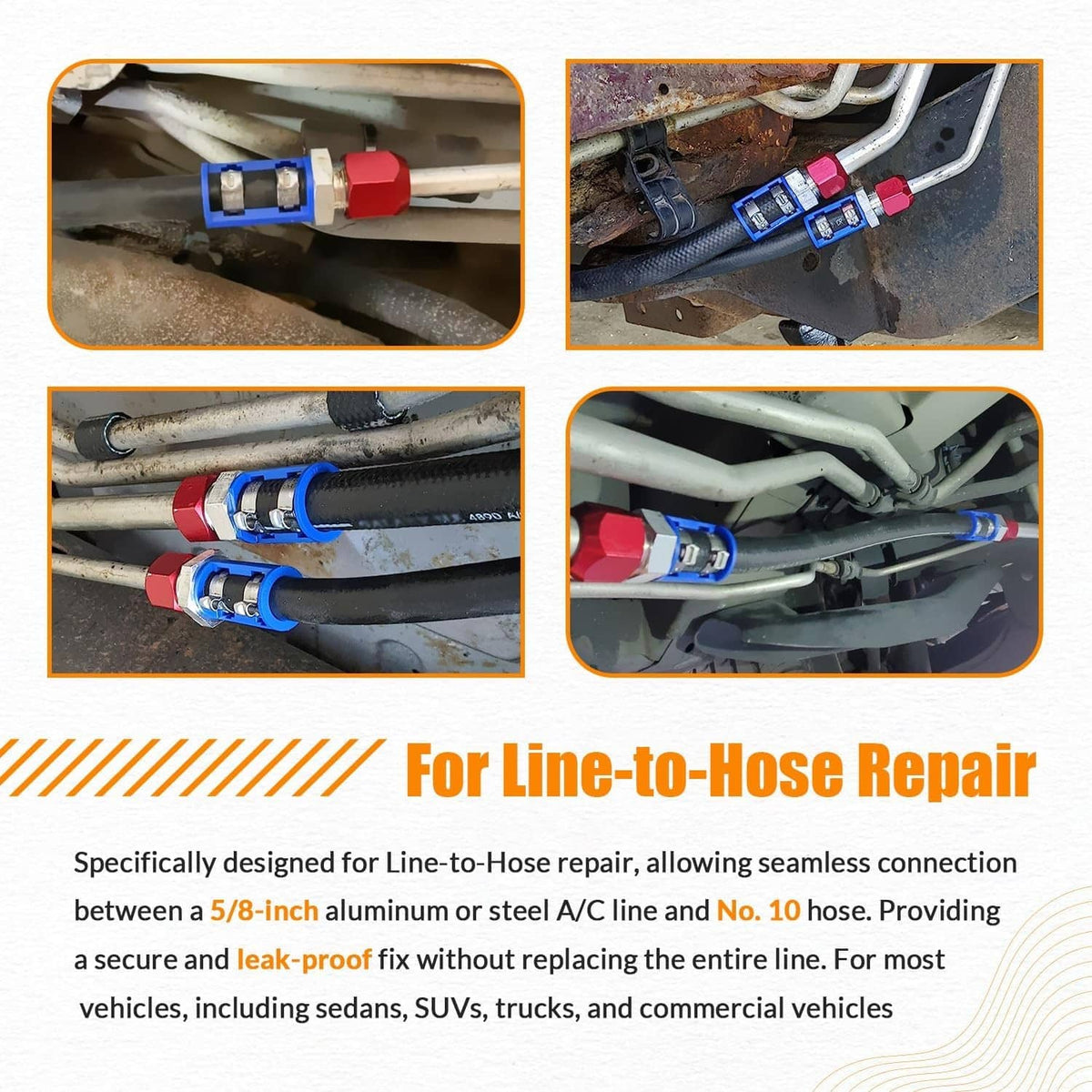A/C line splice kit showing installed blue couplers and red connectors on vehicle lines