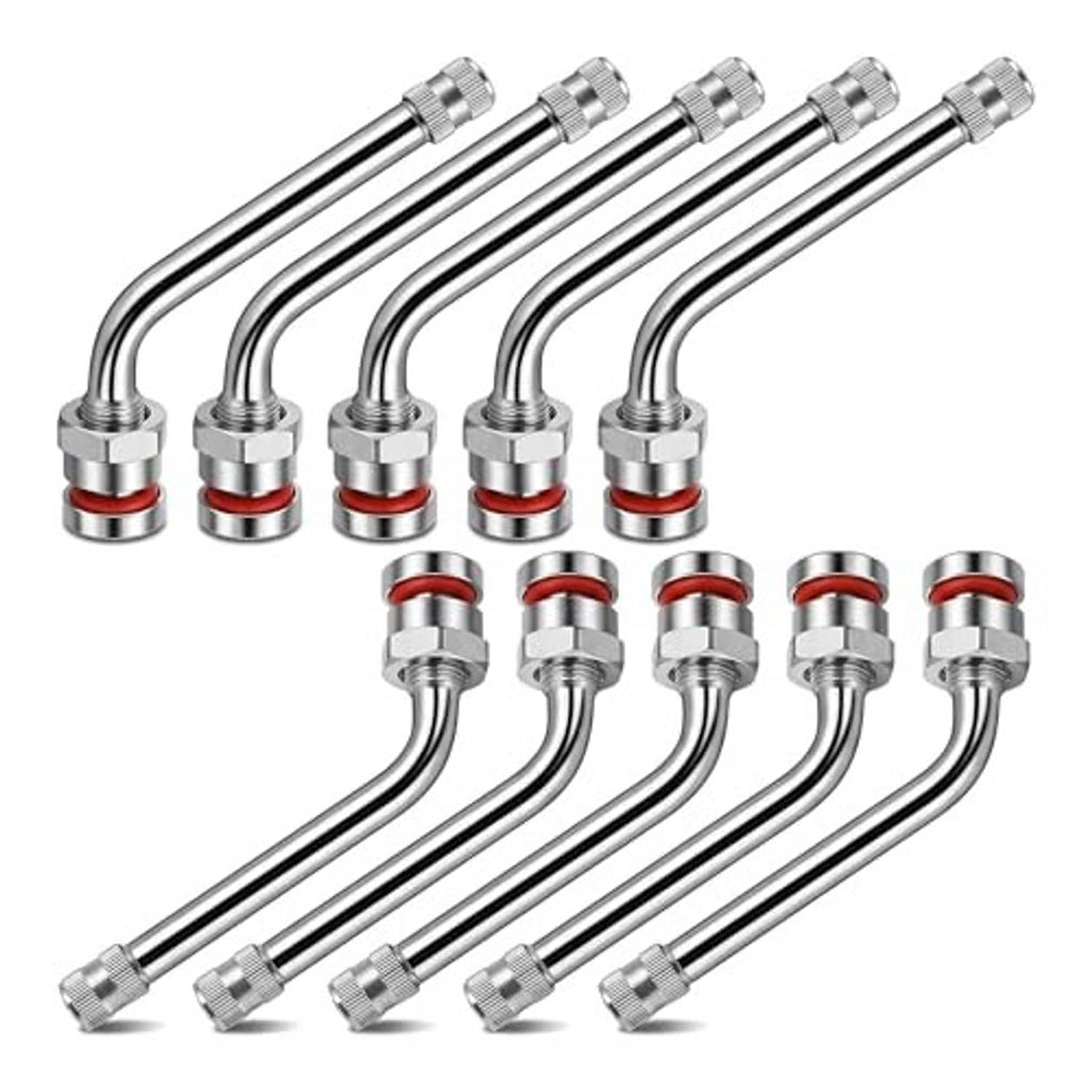 Multiple silver 60° truck tire valve stems with knurled caps and red sealing O-rings