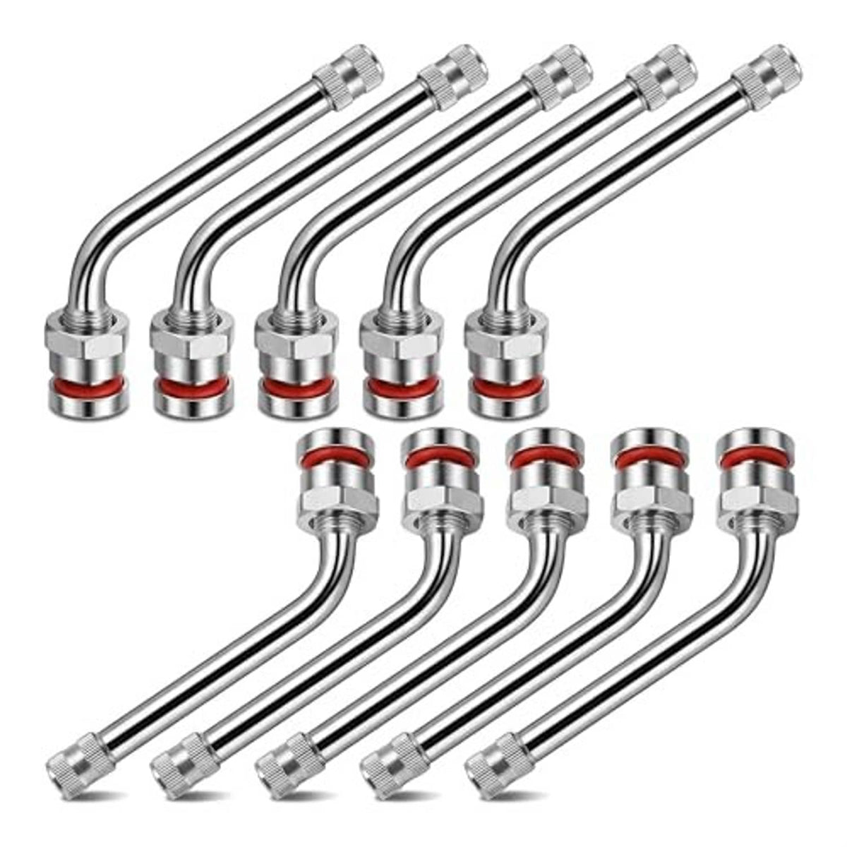 Multiple silver 60° truck tire valve stems with knurled caps and red sealing O-rings