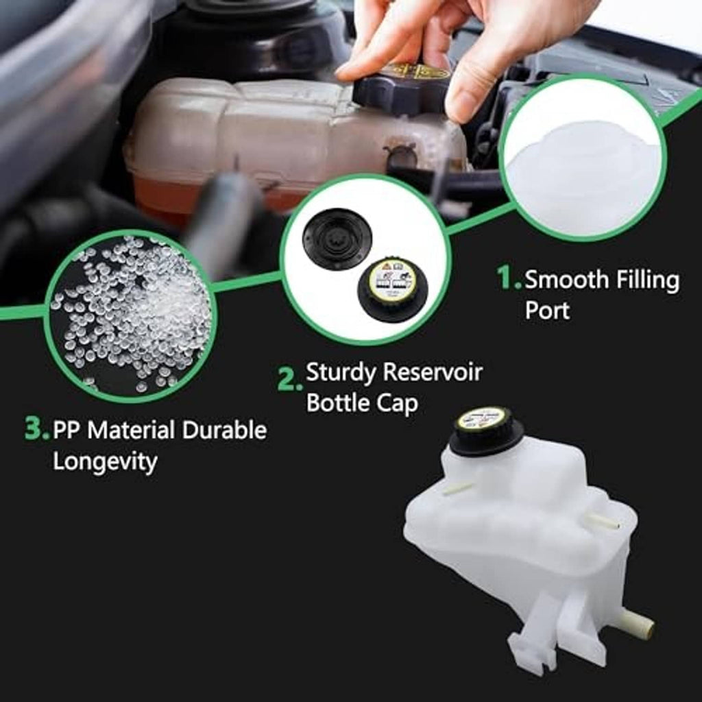 White coolant reservoir with black bottle cap and side outlet port