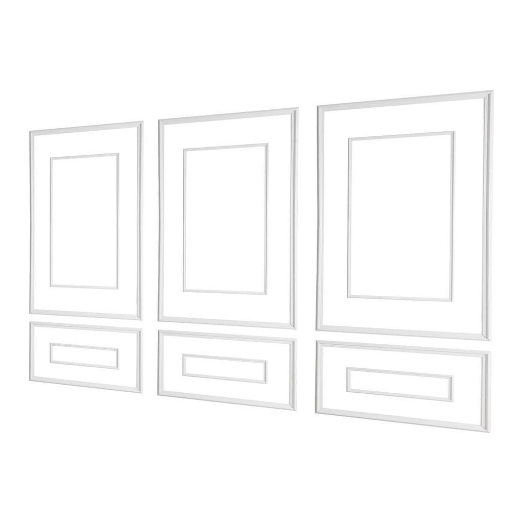 Wall molding kit with three wide and narrow profile panels, white frame trim pieces