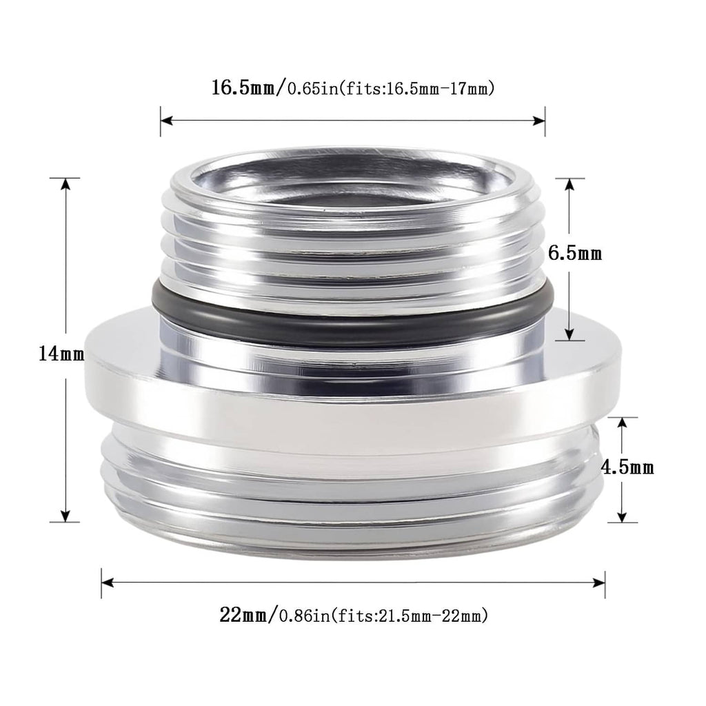 Silver faucet aerator adapter with stepped male threads; 14 mm height and 22 mm width