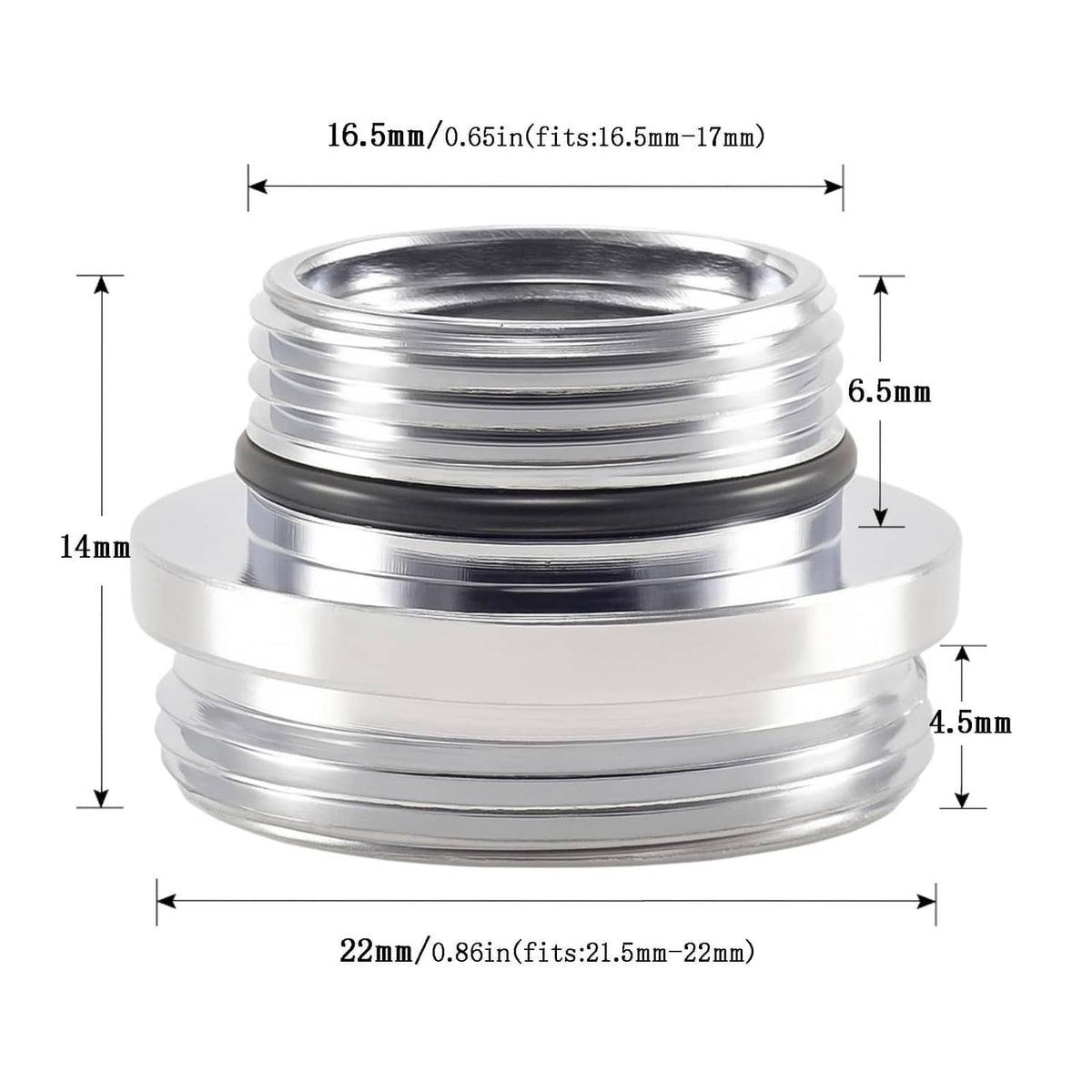 Silver faucet aerator adapter with stepped male threads; 14 mm height and 22 mm width
