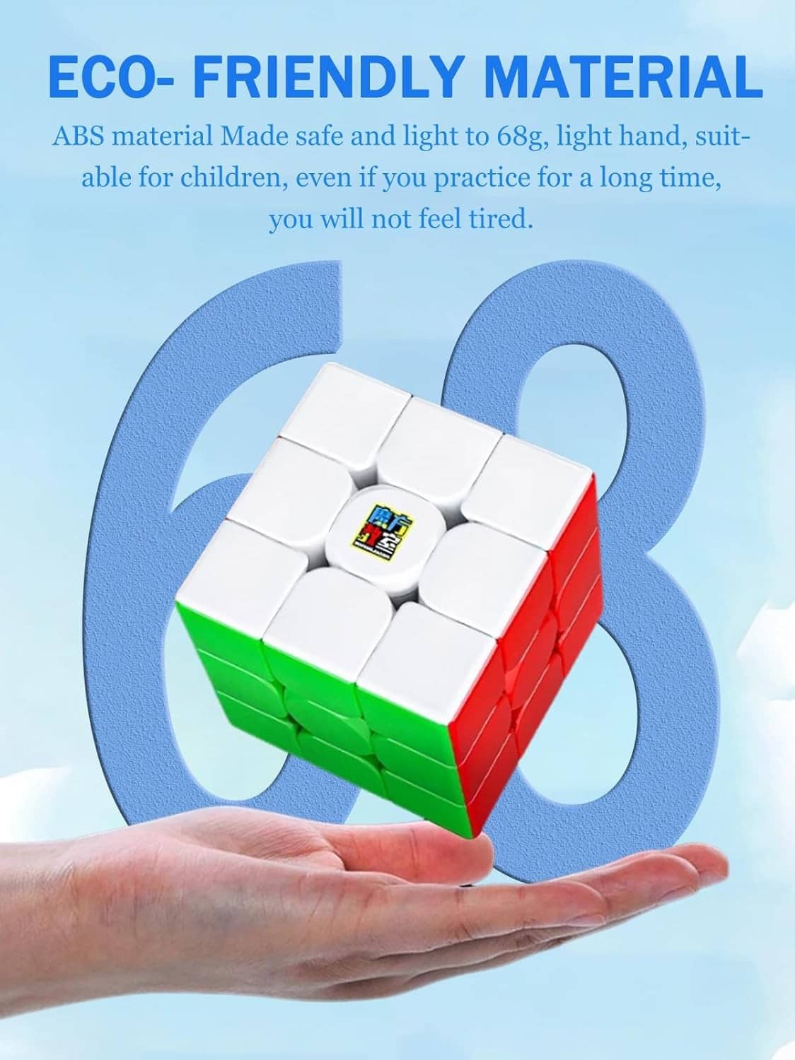 3x3 speed cube in hand, white body with red top and green side panel