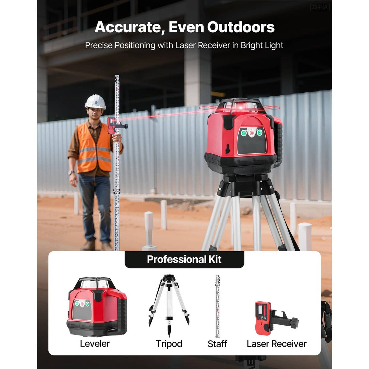 Red rotary laser level on tripod with laser receiver for bright-light outdoor use