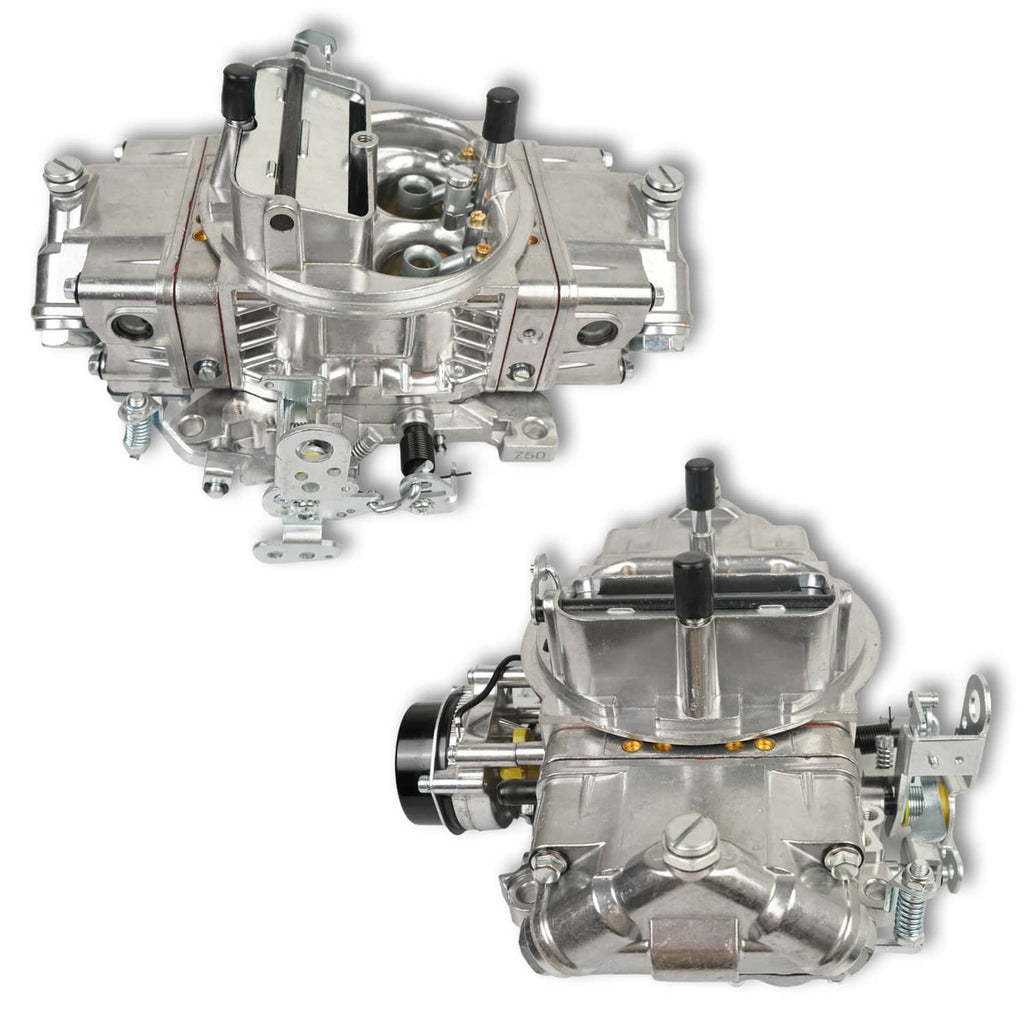 4-barrel electric choke carburetor in silver, top and bottom views